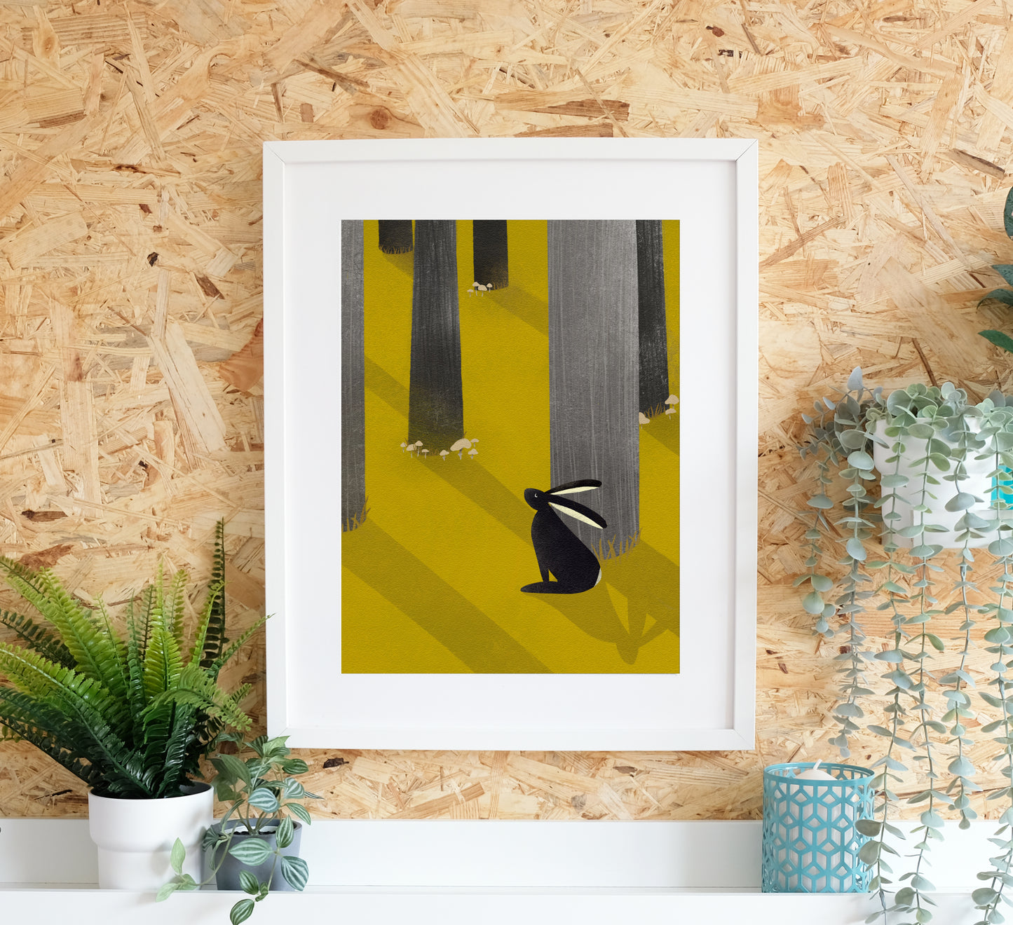 Beautiful art print of a peaceful hare in the forest. (Waldbaden) Zauberhafter Druck eines friedlichen Hasen im Wald.