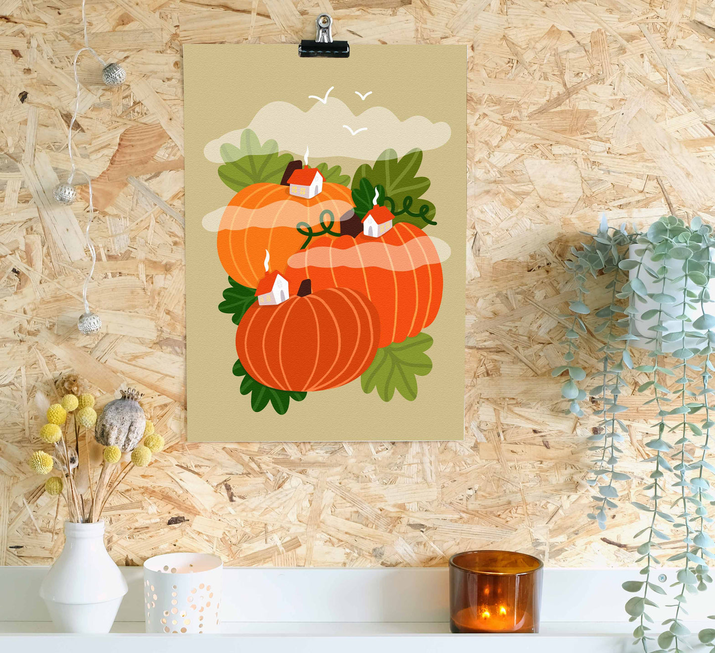 A cosy village nestled in dreamy pumpkin hills! High-quality, independently designed wall-art and prints for your home, perfect for bringing a little nature into any living space! Sustainably made-to-order. Hochwertige, von einer unabhängigen Künstlerin gestaltete Wandkunst und Drucke für dein Zuhause, perfekt, um ein wenig Natur in jeden Wohnraum zu bringen! Nachhaltig auf Bestellung gefertigt.