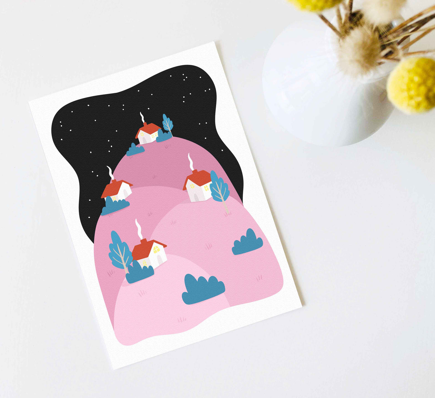 Peaceful art print of a sleepy village nestled on pink hills under a starry sky! Friedlicher Kunstdruck eines verschlafenen Dorfes, eingebettet auf rosa Hügeln unter einem Sternenhimmel! High-quality, independently designed wall-art and prints for your home, perfect for bringing a little nature into any living space! Sustainably made-to-order. Sales support European Rewilding projects.