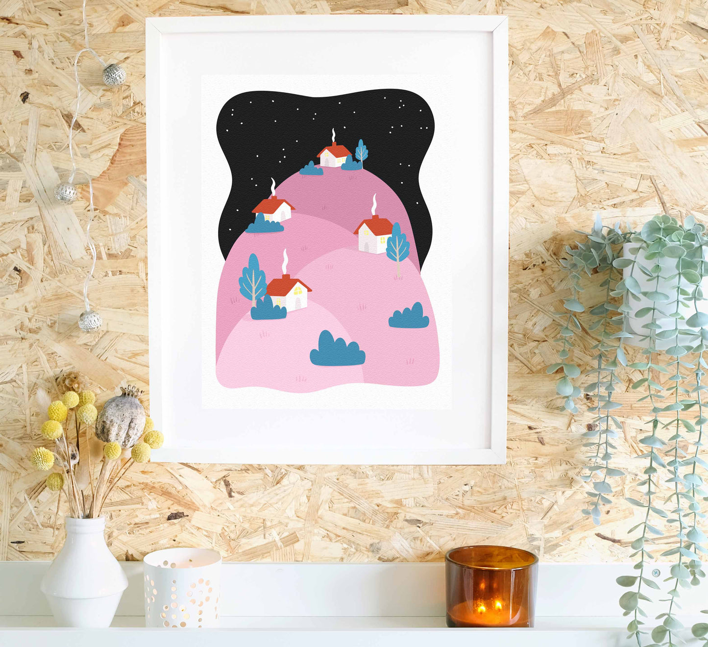 Peaceful art print of a sleepy village nestled on pink hills under a starry sky! Friedlicher Kunstdruck eines verschlafenen Dorfes, eingebettet auf rosa Hügeln unter einem Sternenhimmel! High-quality, independently designed wall-art and prints for your home, perfect for bringing a little nature into any living space! Sustainably made-to-order. Sales support European Rewilding projects.