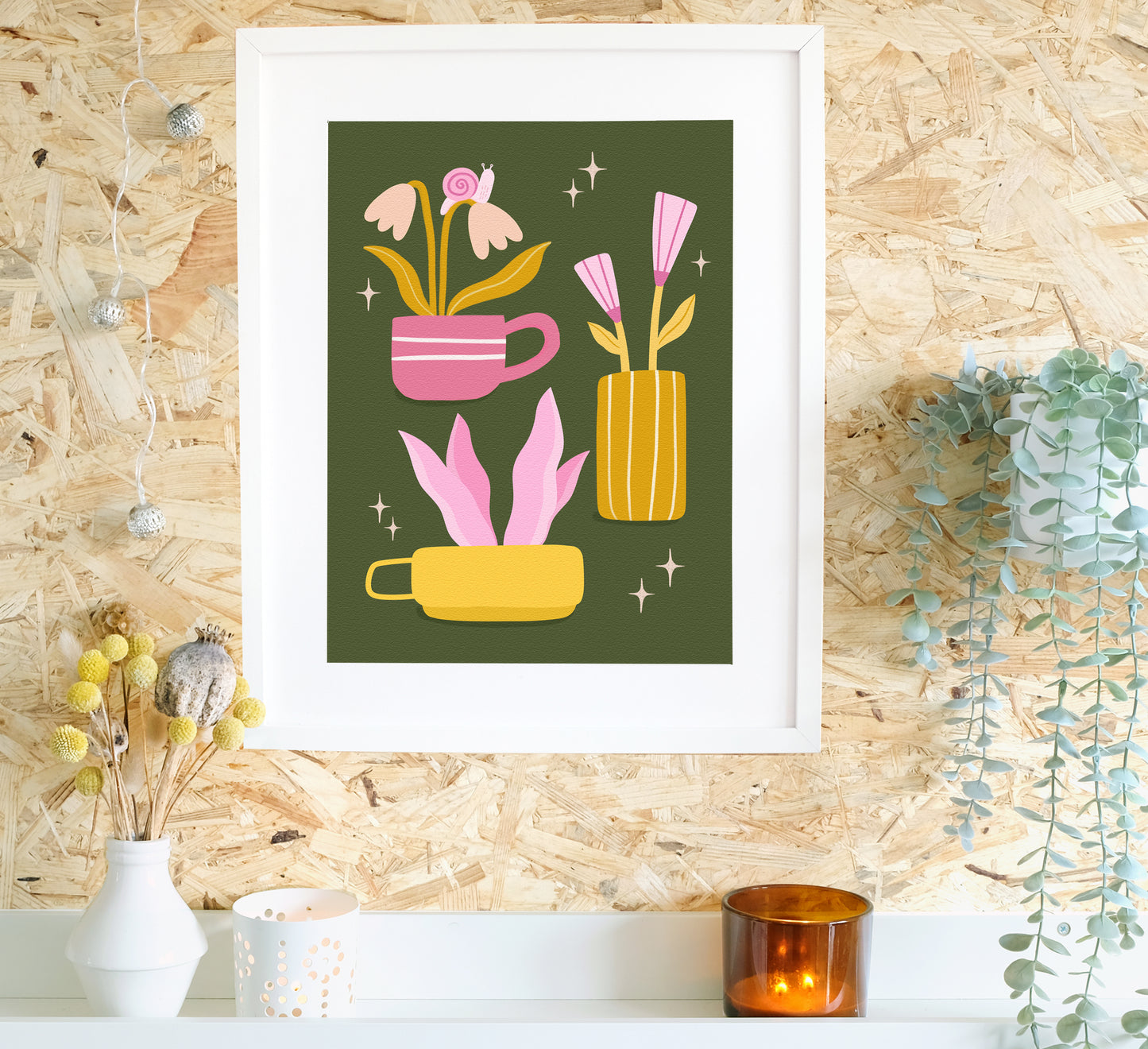 Bunter Druck von bunten Tassen, Vasen, Pflanzen und Schnecken! Hochwertige, von einer unabhängigen Künstlerin gestaltete Wandkunst und Drucke für dein Zuhause, perfekt, um ein wenig Natur in jeden Wohnraum zu bringen! Nachhaltig auf Bestellung gefertigt. Colourful art print of colourful cups, vases, plants and snails!