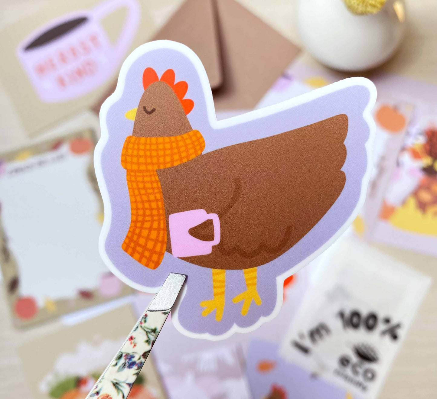 Set of 5 autumn-themed vinyl stickers featuring cosy chickens, leaves, toadstools, slugs and warm tea! Celebrate fall with this cute set, perfect for decorating laptops or notebooks. Made by an independent artist and female-owned small business from the Bavarian Forest, Germany. Sales support nature conservation through European Rewilding projects!