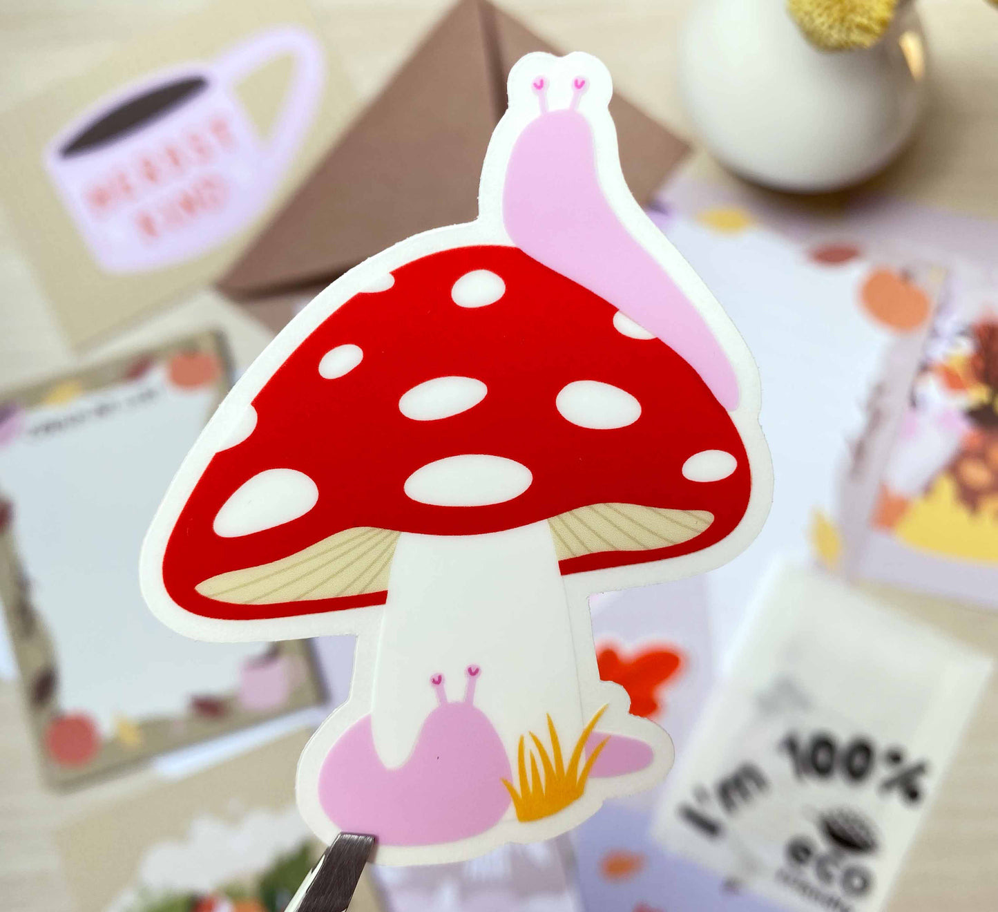 Set of 5 autumn-themed vinyl stickers featuring cosy chickens, leaves, toadstools, slugs and warm tea! Celebrate fall with this cute set, perfect for decorating laptops or notebooks. Made by an independent artist and female-owned small business from the Bavarian Forest, Germany. Sales support nature conservation through European Rewilding projects!