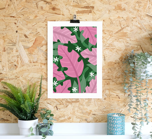 Bunter Druck aus üppigen rosa Dschungelblättern. Colourful art print of lush pink jungle leaves.