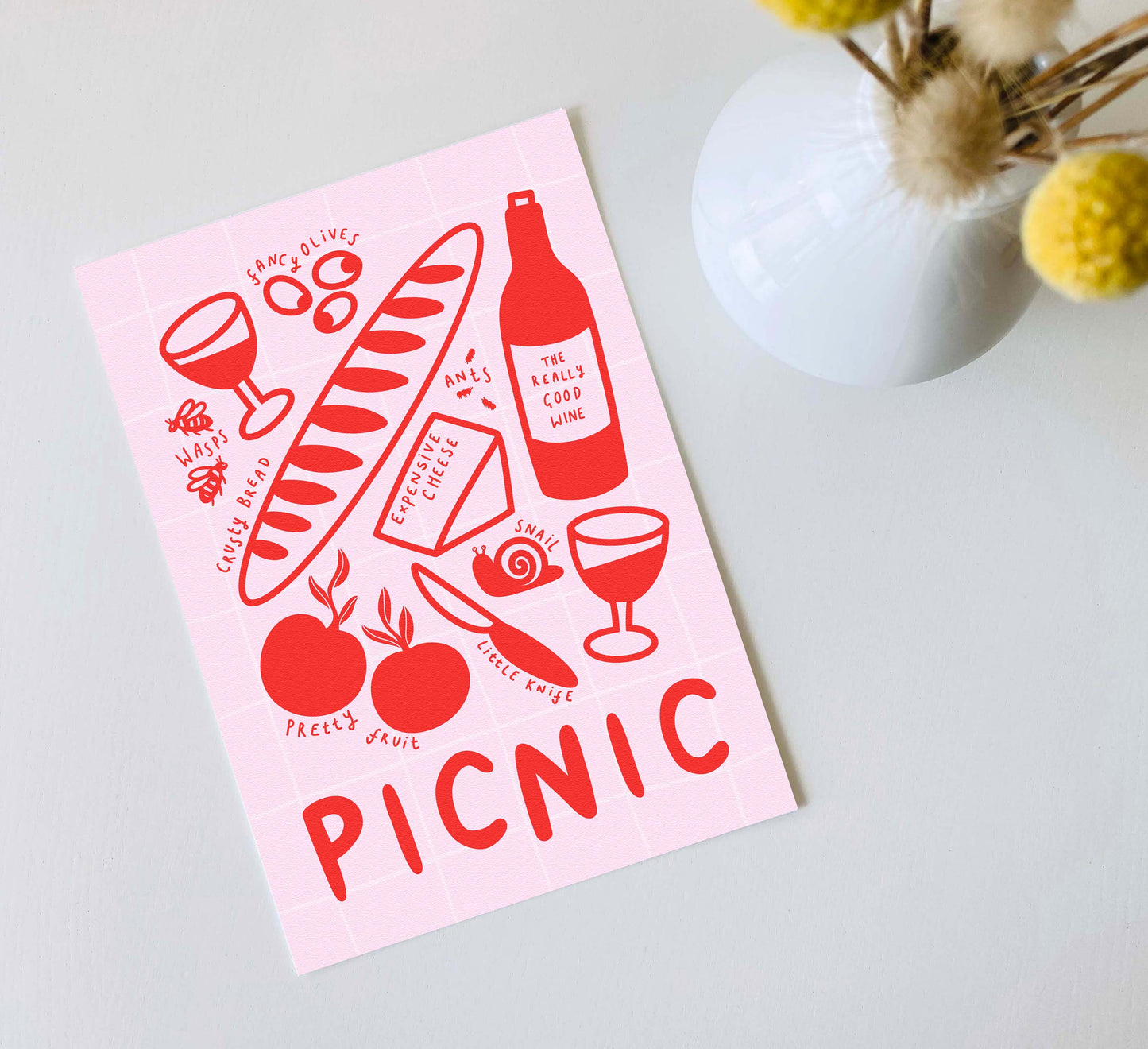 Vibrant picnic print with a typical Sentient Stories twist! High-quality, independently designed wall-art and prints for your home, perfect for bringing a little nature into any living space! Sustainably made-to-order. Sales support European Rewilding projects.