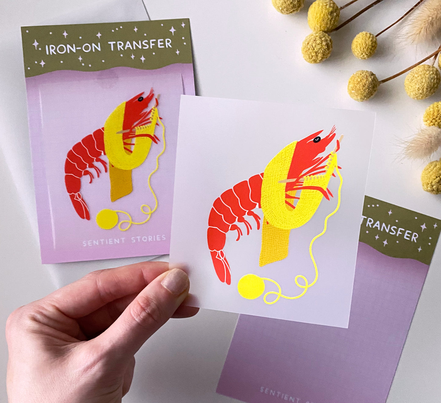 Shrimp iron-on transfer with packaging held by a hand on a white background