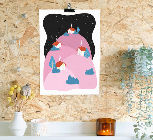 Peaceful art print of a sleepy village nestled on pink hills under a starry sky!  Friedlicher Kunstdruck eines verschlafenen Dorfes, eingebettet auf rosa Hügeln unter einem Sternenhimmel! High-quality, independently designed wall-art and prints for your home, perfect for bringing a little nature into any living space! Sustainably made-to-order. Sales support European Rewilding projects.