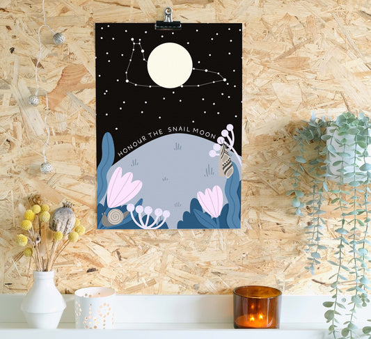 Remind yourself to honour the snail moon (not actually a real thing, but totally should be) with this magical print! High-quality, independently designed wall-art and prints for your home, perfect for bringing a little nature into any living space! Sustainably made-to-order. 