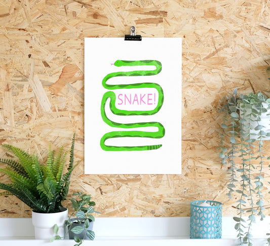 Skurriler Druck einer auffälligen und leuchtenden Schlange.Quirky art print of a bold and bright snake. 