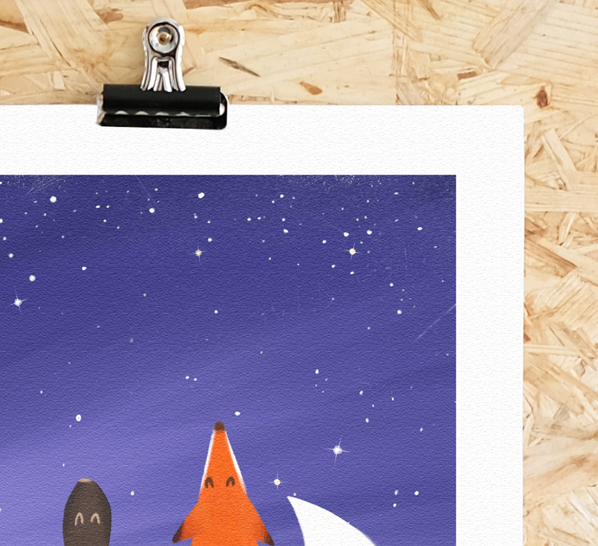 Magischer Druck eines Fuchses und eines Hasen, die gemeinsam zu den Sternen blicken. Magical art print of a fox and hare gazing up at the stars together.