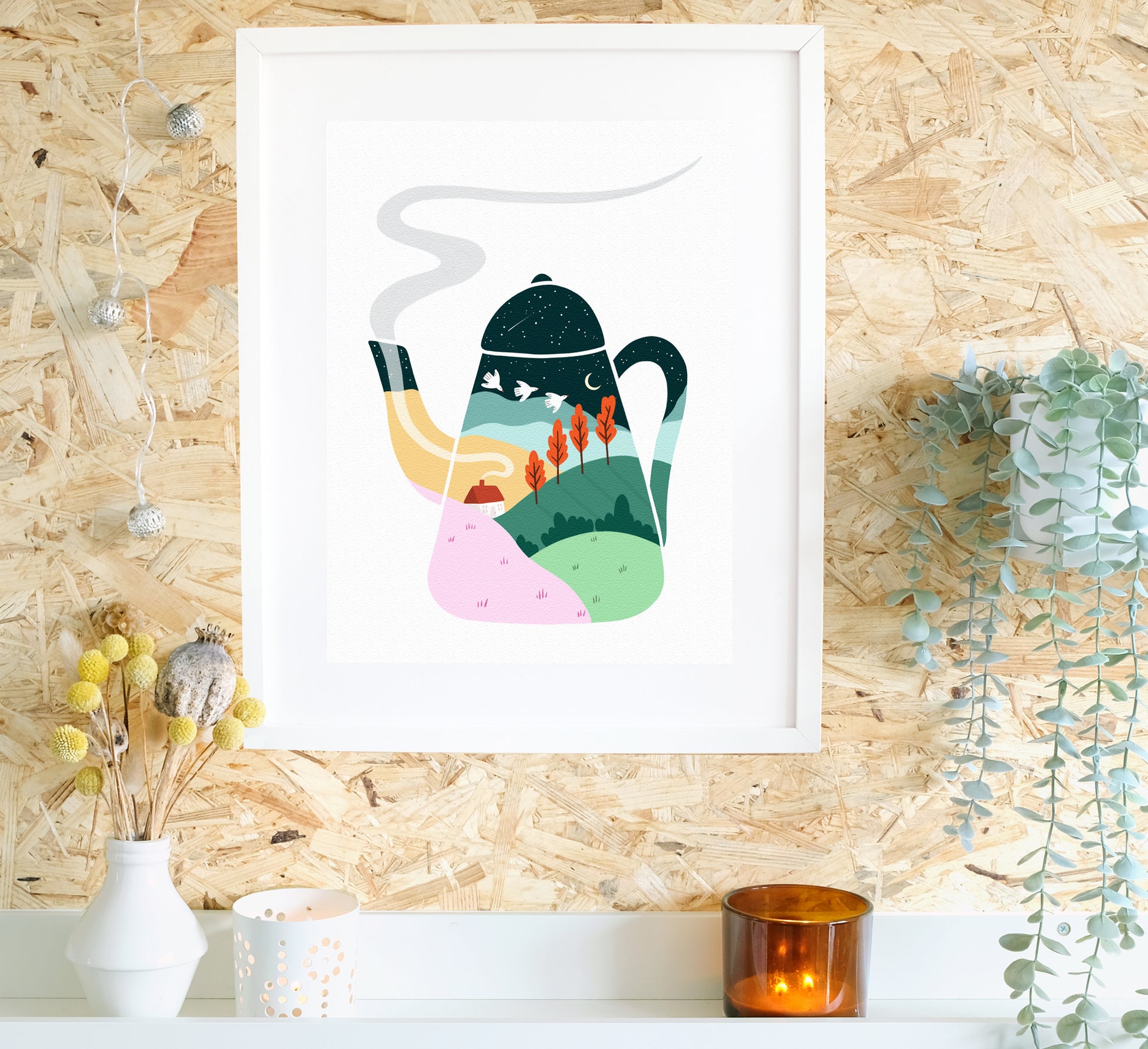 Magical print of a cosy landscape with a gently steaming teapot! Sustainably made to order.