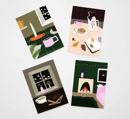 Four illustrated greeting cards on a white background